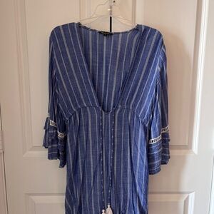 Blue Striped V-Neck Dress with Tassels
